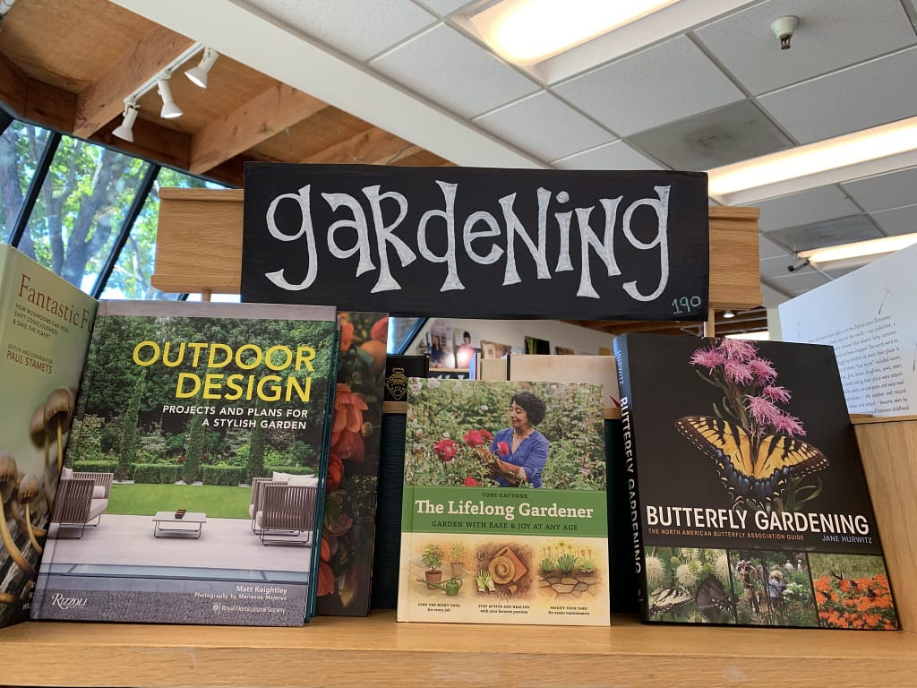 The Lifelong Gardener is displayed among other prominent gardening expertise books at The Book Passage in Corte Madera.