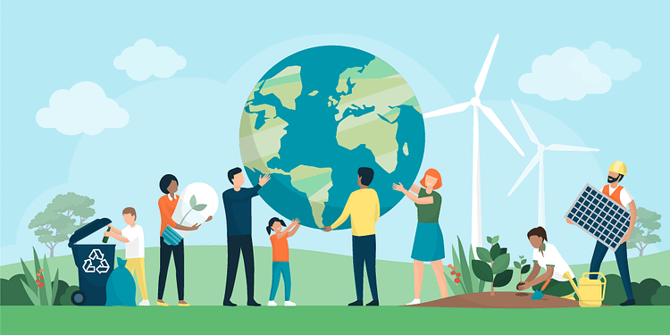 people surrounding the globe with wind turbine